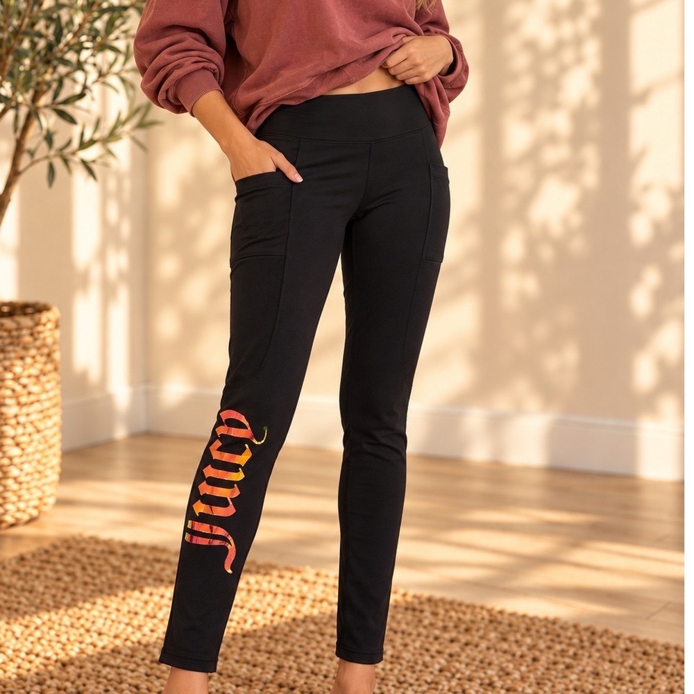 Juicy Couture Black High Waisted Leggings with Iridescent Logo & Pockets